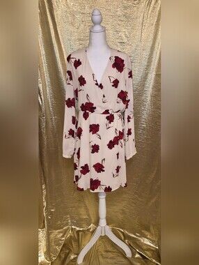 Lush Cream Wrap Dress with Red Floral Print